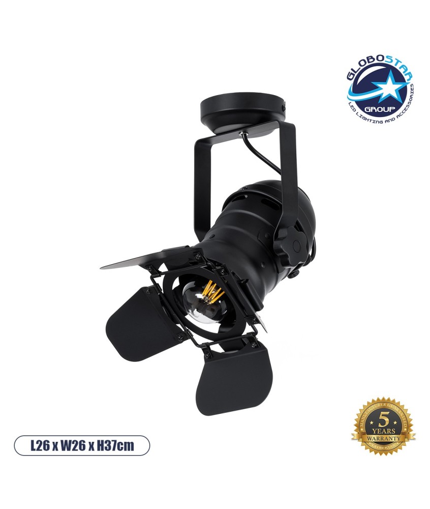 GLOBOSTAR® DETROIT 01372 Vintage Φωτιστικό Οροφής με Ντουί 1 x E27 AC 220-240V IP20 - Μαύρο - Μ26 x Π26 x Υ37cm